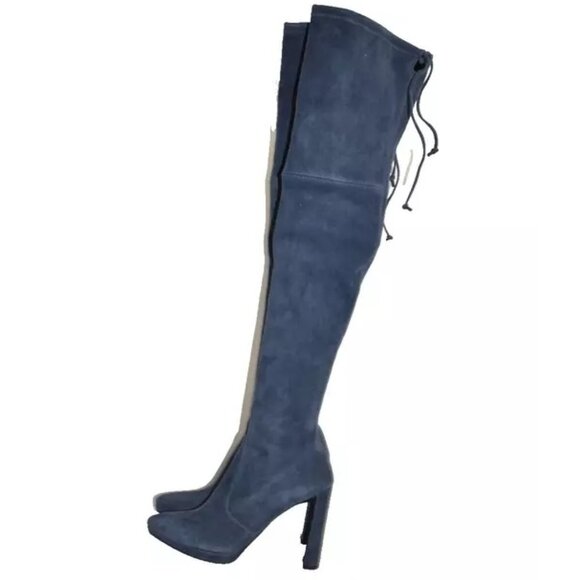 $1050 Stuart Weitzman SKYHIGH Block Suede Over the Knee Boots Blue 8.5 (PB39) - Picture 3 of 7